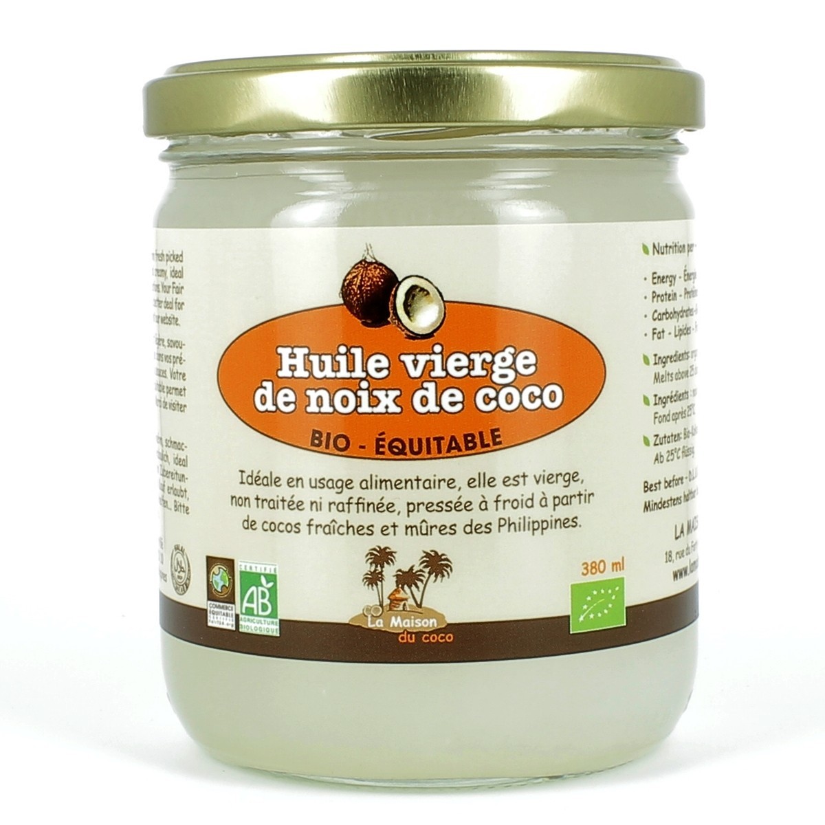 Huile vierge de coco bio & équitable - 380 ml