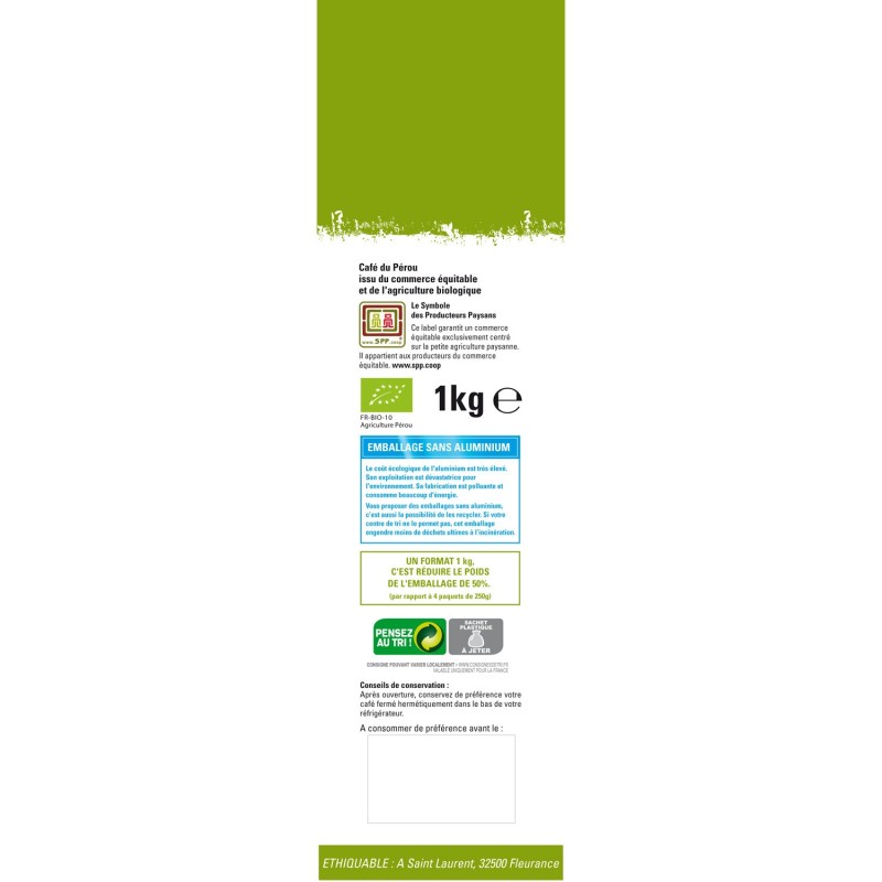 Café 1 kg Pérou GRAINS bio & équitable