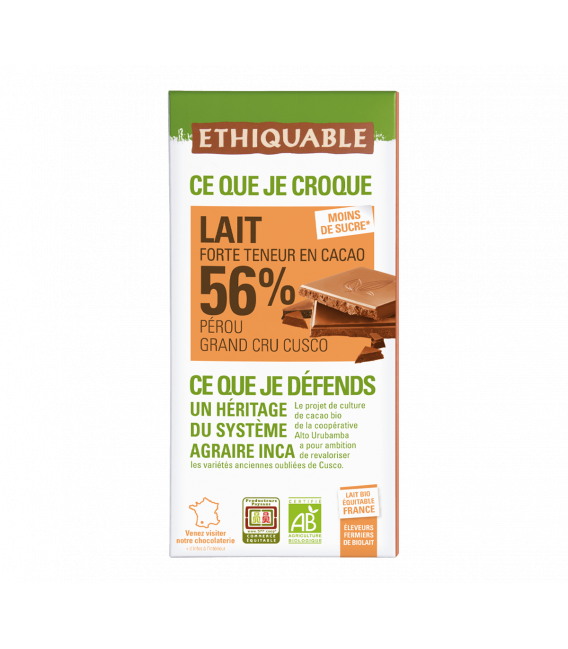 Chocolat Lait 56% de Cacao Pérou Grand Cru Cusco Pérou bio & équitable