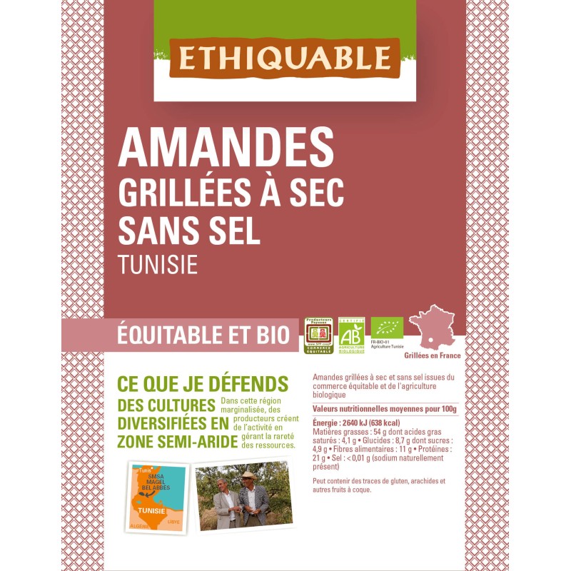 Amandes entières grillées à sec SANS SEL bio & équitable 100 g