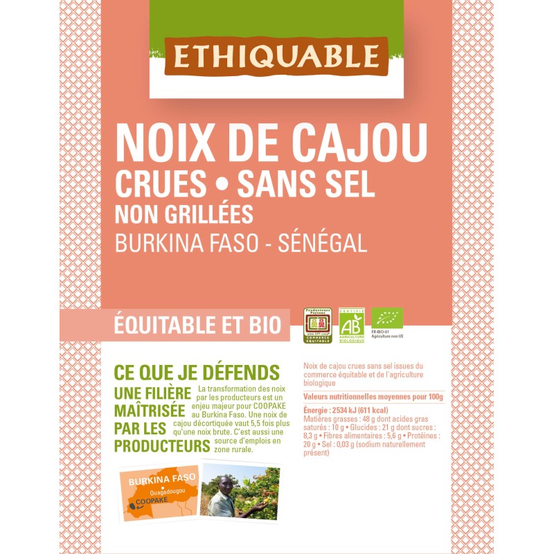 Noix de Cajou crues, sans sel, non grillées bio & équitable RHD 3 kg