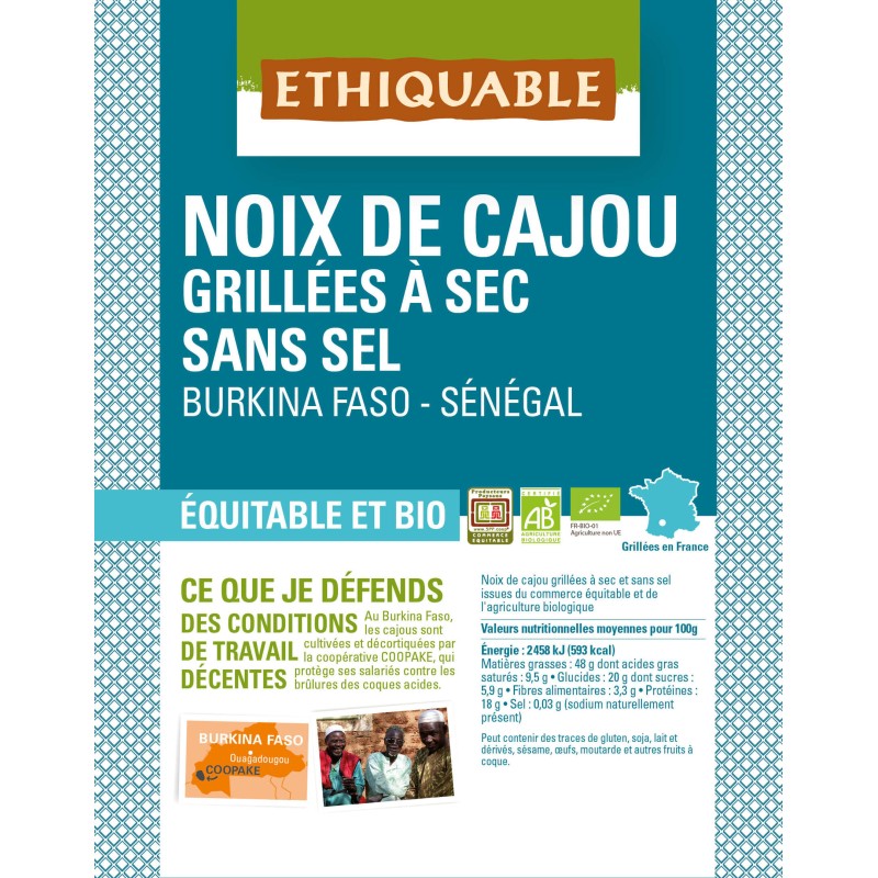 Noix de Cajou Grillées à Sec SANS SEL bio & équitable 40 g