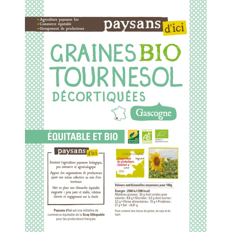 Graines de tournesol décortiquées de Gascogne bio & équitable
