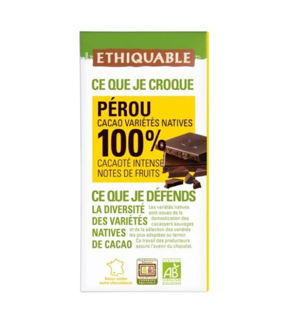 Chocolat noir 100% Pérou bio & équitable