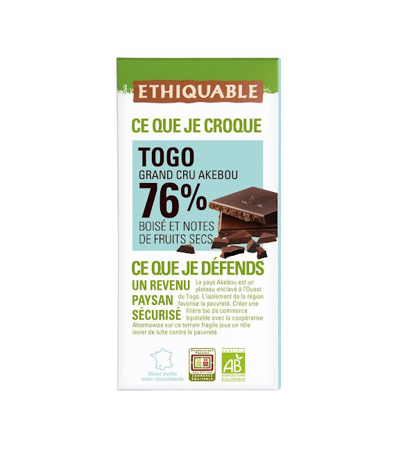Chocolat noir 76% Togo bio & équitable