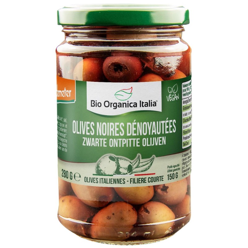 Olives noires bio dénoyautées en saumure