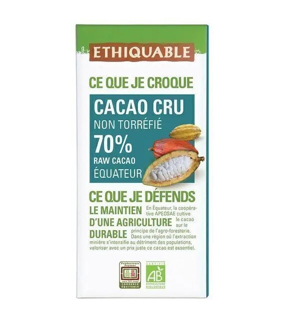 Cacao cru non torréfié 70% de cacao bio & équitable