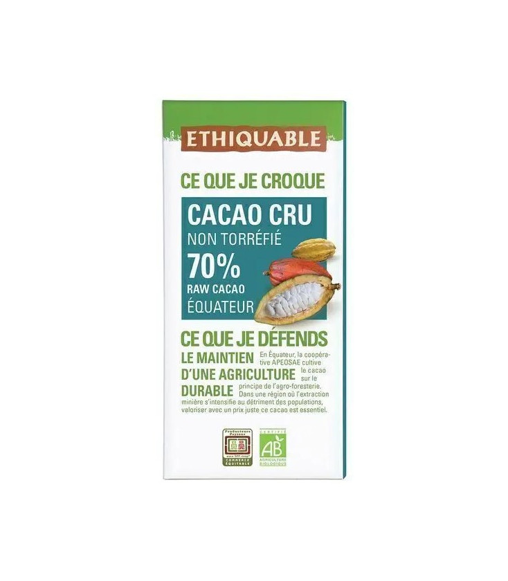 Cacao cru non torréfié 70% de cacao bio & équitable