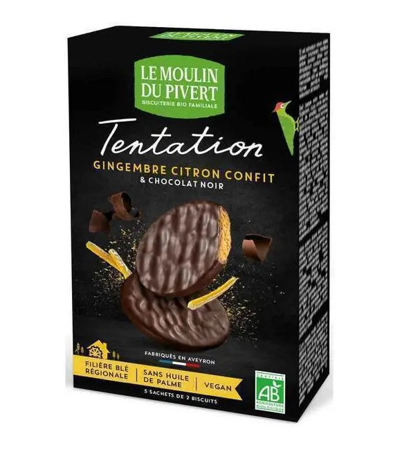 Biscuits Tentation au chocolat noir, gingembre et citron confit vegan, bio & équitable