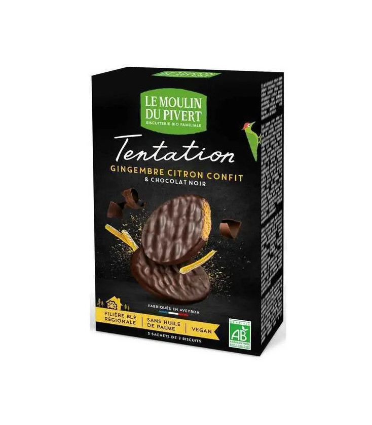 Biscuits Tentation au chocolat noir, gingembre et citron confit vegan, bio & équitable