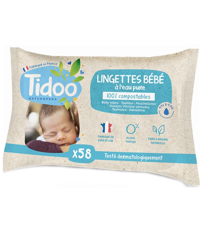 Tidoo Lingettes au Calendula Bio Non Parfumé, compostables, 58 lingettes