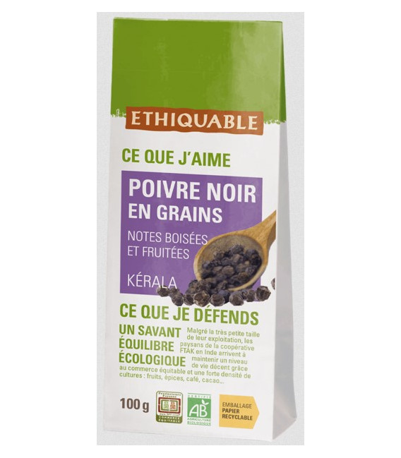 Poivre noir en grains bio & équitable en sachet