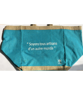Grand sac cabas en toile de jute- TURQUOISE