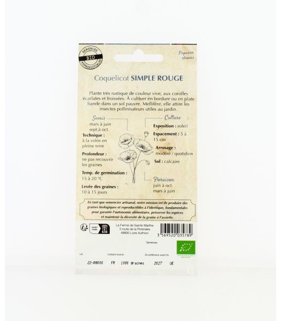 Coquelicot Fleurs Comestibles - Semences reproductibles bio