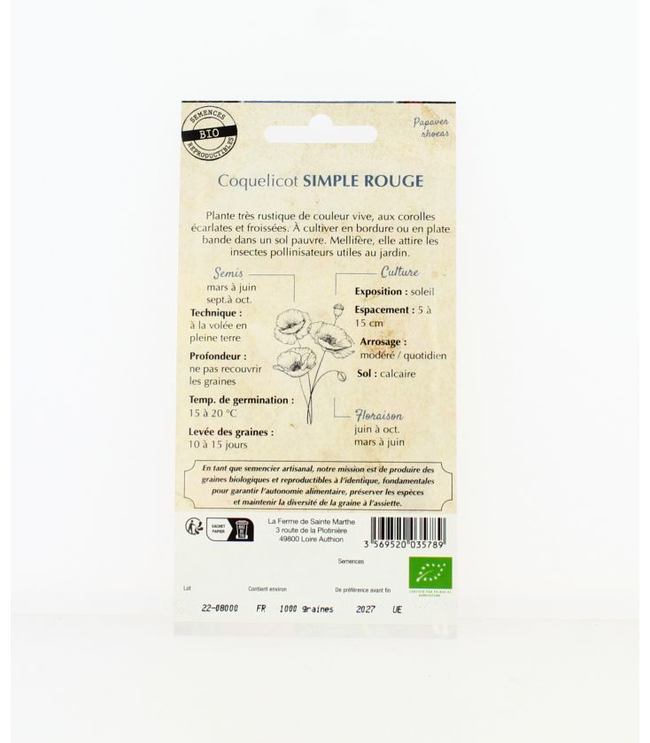 Coquelicot Simple Rouge - Semences reproductibles bio