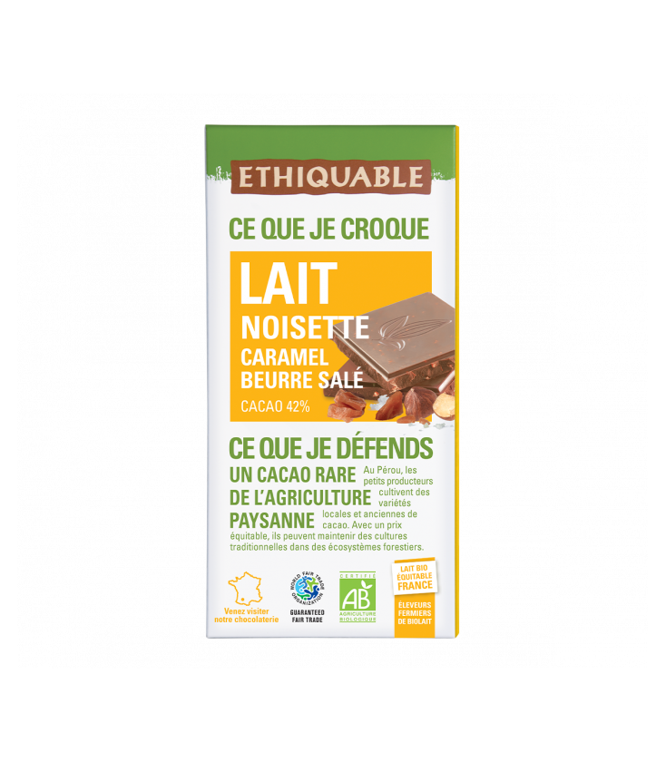 Chocolat Lait Noisette Caramel Beurre salé bio & équitable