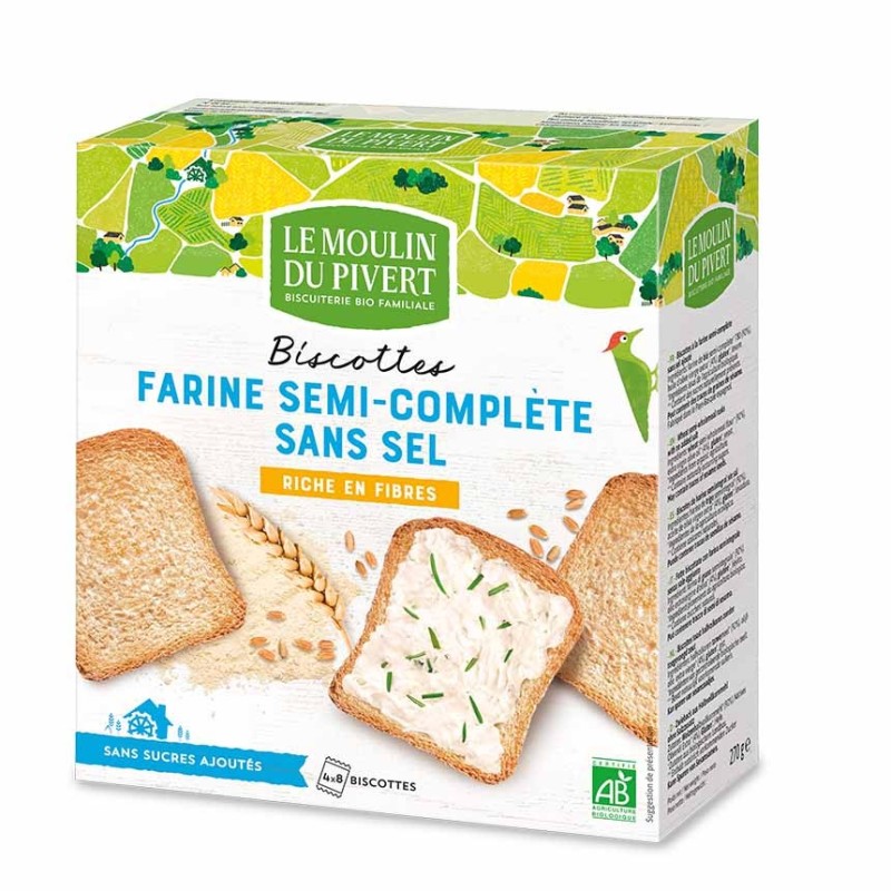 Biscottes à la farine semi -complète - sans sel et sans sucres ajoutés bio & vegan - 270 g | LE MOULIN DU PIVERT