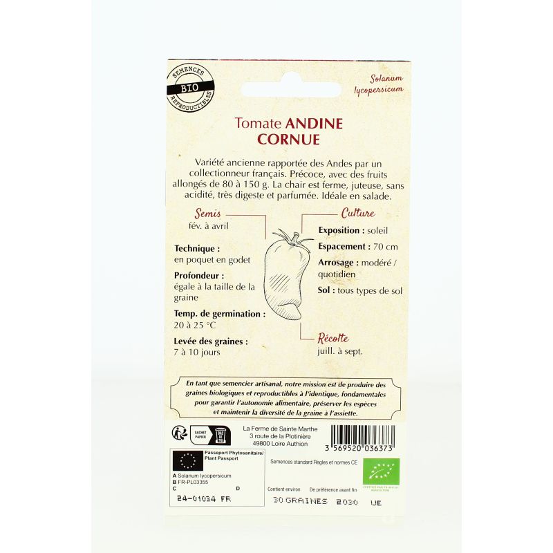 TOMATE Andine cornue AB- Semences reproductibles bio