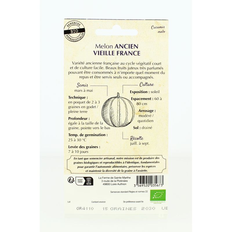 MELON Ancien Vieille France AB- Semences reproductibles bio