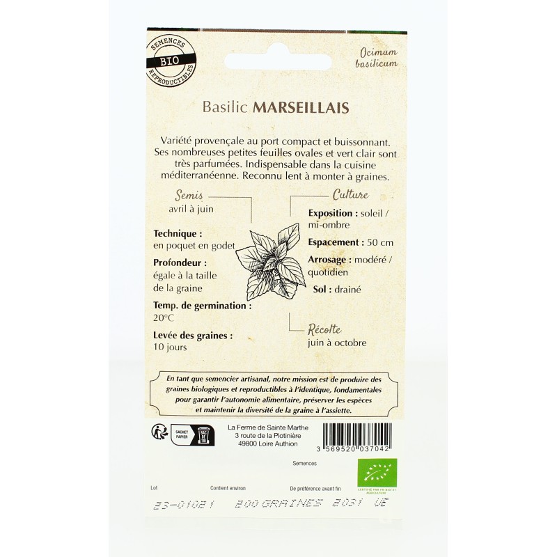 BASILIC Marseillais AB  - Semences reproductibles bio | FERME DE SAINTE MARTHE