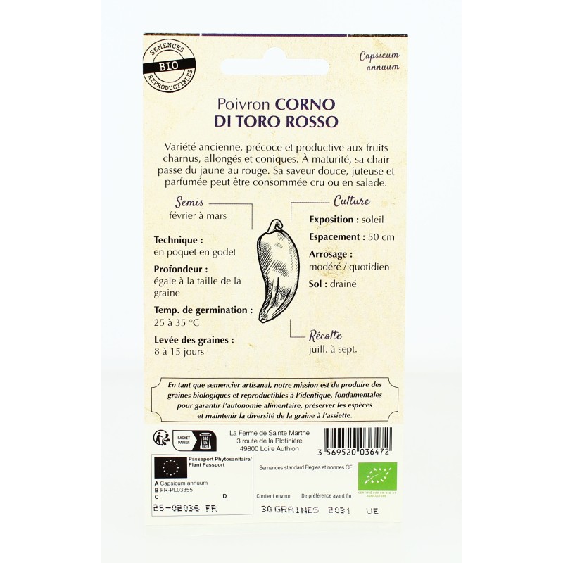 POIVRON Corno di Toro Rosso AB  - Semences reproductibles bio | FERME DE SAINTE MARTHE