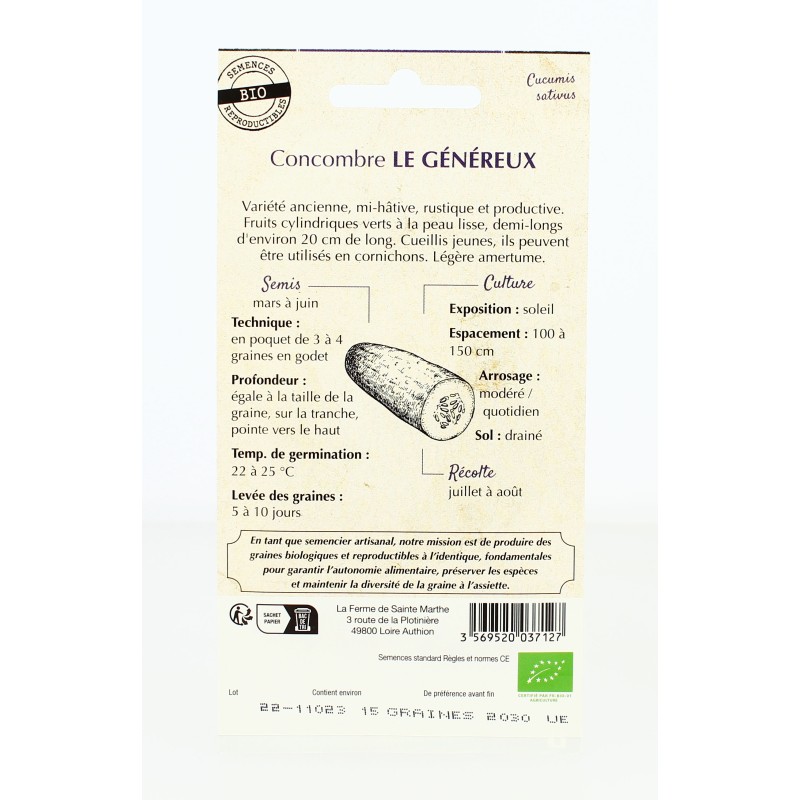 CONCOMBRE le Généreux AB  - Semences reproductibles bio | FERME DE SAINTE MARTHE