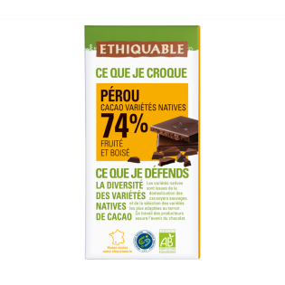 Chocolat Noir Pérou 74% bio & équitable - 100 g | ETHIQUABLE
