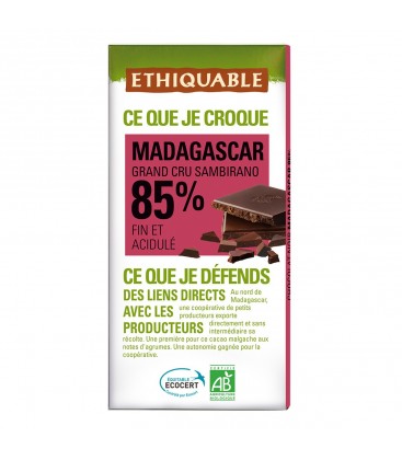 Chocolat Noir Grand Cru Sambirano 85% de Madagascar bio & équitable - 100 g | ETHIQUABLE