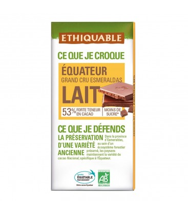 Chocolat au lait 53% Grand Cru d'Équateur bio & équitable - 100 g | ETHIQUABLE